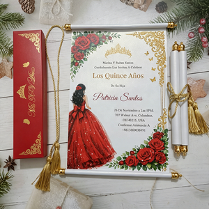 Invitaciones de Quinceañera Vintage en Dorado y Rojo con Borlas, Caja de Invitaciones con Impresión Dorada para Fiesta de Bodas, Invitaciones Enrollables - Product Image 1