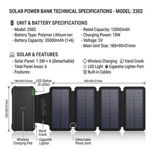 Batterie Externe <span class=keywords><strong>Solaire</strong></span> 20000mAh avec 7 Panneaux Détachables, Chargeur sans Fil à Manivelle, Équipement de Survie pour <span class=keywords><strong>Camping</strong></span>, Randonnée et Urgences - Product Image 6