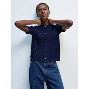 <b>Women's</b> Navy Blue <b>Short</b> Sleeve Button Front Knit <b>Cardigan</b> with Pockets - Product Image 1