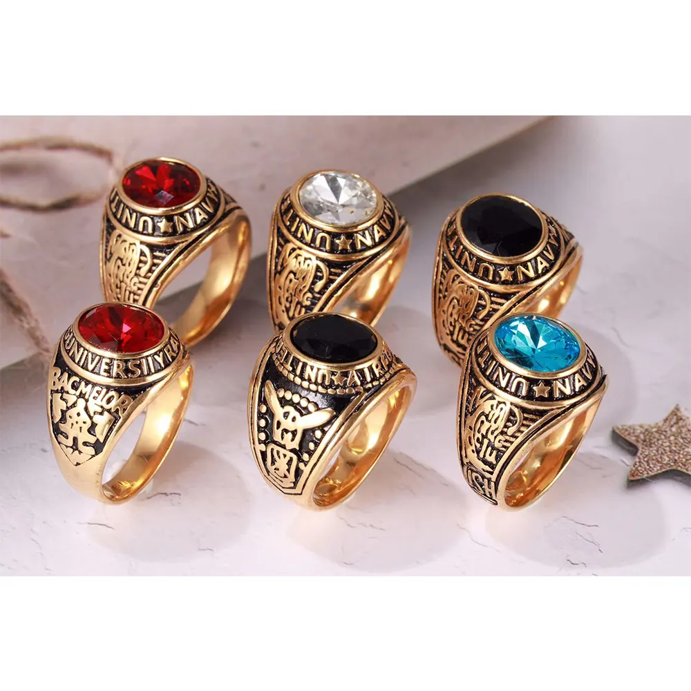 Wholesale Popular High Polished Stainless Steel Gold Plated Jewelry Custom Men's High School Graduation Class Gemstone Rings
