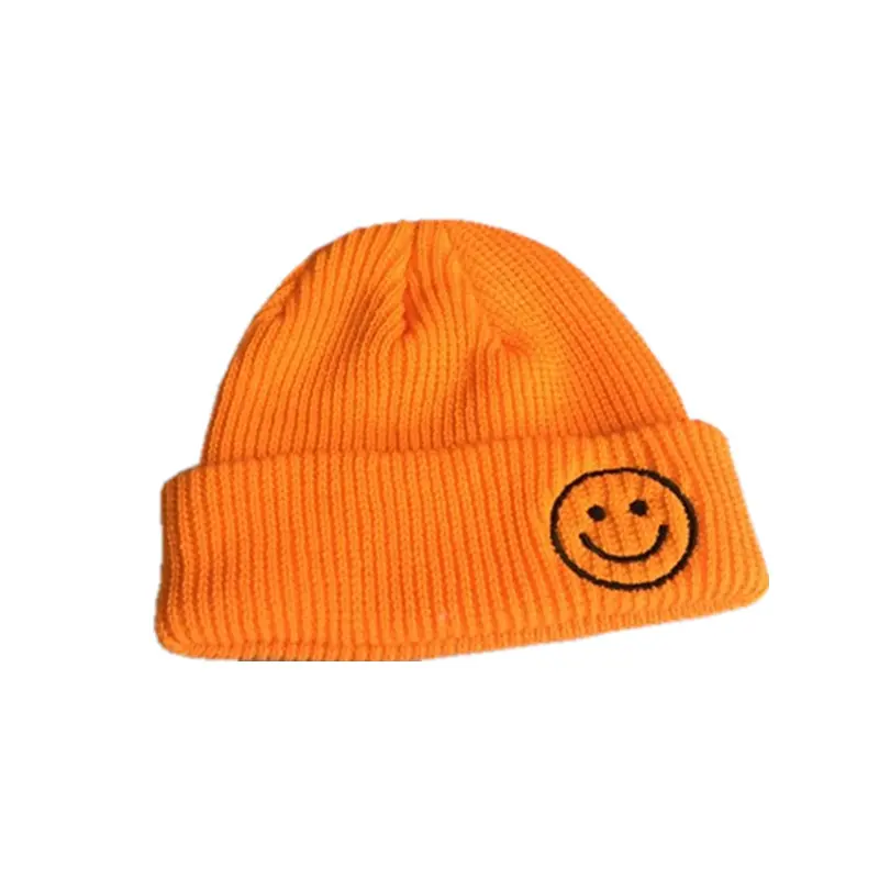 Smily Face Embroidered Knit Acrylic Beanie Winter Hat with Multi Colors