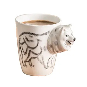 Handgeschilderde Cadeauset Schattige Coole Wolf Porselein 3d Dier Mok Cup Voor Koffie Thee Melk