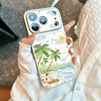 Coque de téléphone portable en cuir motif chat de plage mignon, coque arrière blanche Corning pour iPhone 16 12 15 17 Air 18 Pro Max
