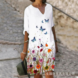 V-Neck <b>Loose</b> Floral Print <b>Dress</b> Breathable Casual Wear Women's Plus Size Summer <b>Dress</b> - Product Image 1
