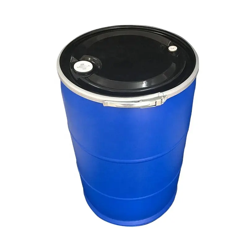 Bidón de aceite de plástico azul HDPE de 200 litros al por mayor con tapa abierta y dos tapas de boquilla