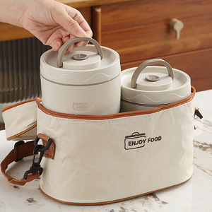 Lunchbox 304 Stainless Steel <b>Insulated</b> Double Layer With Handle Portable For Office Outdoor Use Cylinder Solid Color Plastic Lid - Product Image 3