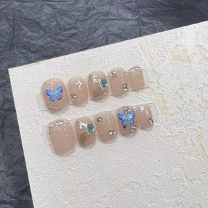 <span class=keywords><strong>Uñas</strong></span> Postizas Cortas Hechas a Mano, <span class=keywords><strong>Uñas</strong></span> Postizas Removibles, Pintadas a Mano con Mariposas Azules, para Uso Diario - Product Image 1