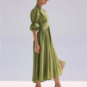 <span class=keywords><strong>Robe</strong></span> longue d'été Vintage personnalisée pour femmes 100% lin pur A-ligne col en V demi-manches courtes bouffantes solide fente bouton de couleur verte - Product Image 3