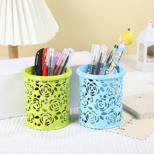 <b>Large</b> Hollowed Out Rose Pen Holder Round Iron Art Multi Functional Office <b>Desk</b> Organizer Storage Container - Product Image 2