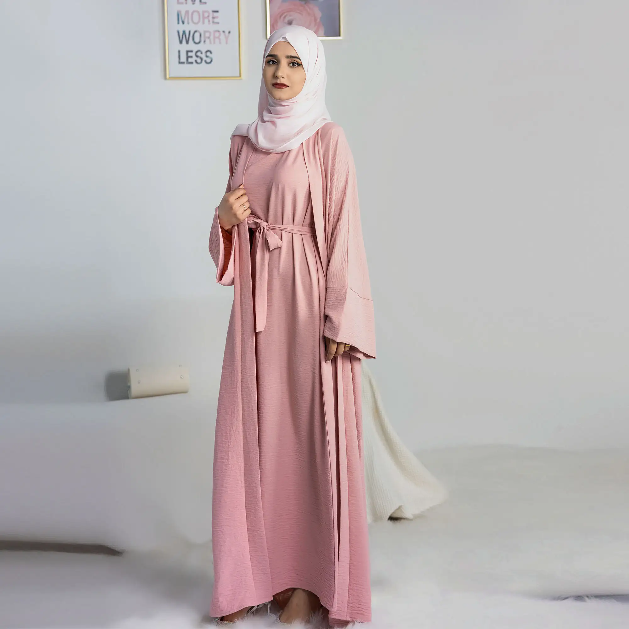 Sıcak satış 2 adet Set islam giyim Dubai Abaya müslüman elbise müslüman kadınlar için açık Abaya tasarımlar