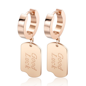 Pendientes de aro de oro rosa con etiqueta de buena suerte, pendientes colgantes para mujer, joyería de moda de acero inoxidable, regalo - Product Image 1