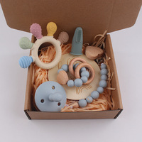 Jouet apaisant pour bébé, ensemble de 6 pièces en silicone avec anneau en bois, chaîne de sucette, unisexe, 0-24 mois, ensemble cadeau pour nouveau-né