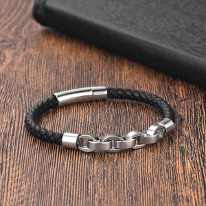 Fashionable Mens Multi-Layer Braided <b>Leather</b> <b>Bracelet</b> With Stainless Steel Chain | Genuine <b>Leather</b> Wristband With Magnetic Clasp - Product Image 4