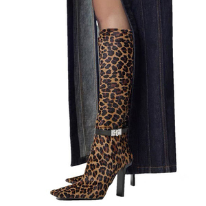 New Leopard Prints Square Toe Women's <b>Knee</b> <b>High</b> Boots Suede Ankle Buckles Chunky Heels Long Boots Size 44 Custom Shoes - Product Image 1