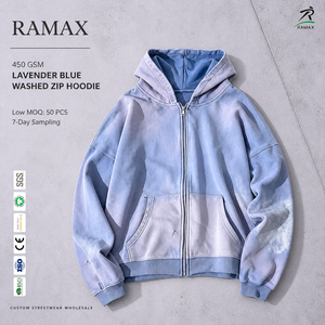 Sudadera con capucha para hombre personalizada, 450GSM, azul lavanda degradado, con cremallera, estilo vintage desgastado, ropa urbana, OEM ODM - Product Image 1