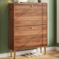 Meuble à chaussures moderne en bois étroit pour entrée, avec 2 tiroirs rabattables, design cannelé, rangement à fond creux et pieds en fer