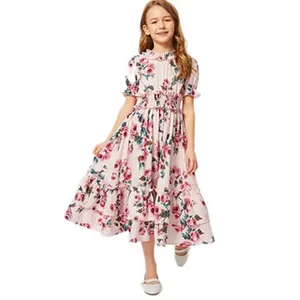 Popular short sleeve print casual summer kids long dress for girls