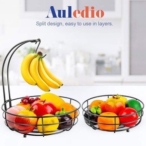Double Layer Wrought Iron Fruit Basket Black Round <b>Standing</b> Modern Kitchen Storage With Banana Hook For Home Indoor Outdoor Use - Product Image 4