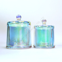 Nouveauté en gros, pot à bougie en verre vide, électroplaqué, couleur irisée, cloche à bougie avec base en verre