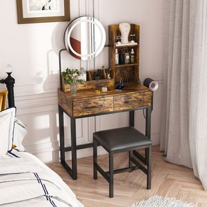 2 Big Drawers Brown <b>Makeup</b> Vanity <b>Table</b> with LED Lights & 3 Color Power Outlet Sturdy Metal Leg & Chair Bedroom <b>Dressing</b> Room - Product Image 2
