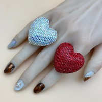 2 pièces clair lire grand coeur bague en cristal étincelant fabriqué à la main bague ensemble cristal mode ensemble de bijoux