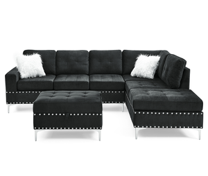 Canapé d'angle convertible moderne 3 places avec chaise longue réversible, ottoman de rangement, porte-gobelets, en forme de L, en velours, mousse à mémoire de forme, métal - Product Image 1