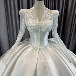 Lscm98 Modern Elegant Ivory Ball Gown <b>Wedding</b> Dress Lace Appliques Illusion Satin Bridal Pearl Button Bodice Smooth Full Skirt - Product Image 5