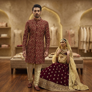 Conjunto de Lehenga Choli Indio-Pakistaní Color Granate con Pantalones Sherwani y Bordado Intenso - Product Image 6