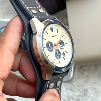 Montre à quartz pour homme style pilote, cadran crème, chronographe, bracelet en cuir de vachette marine, lunette tachymètre, montre-bracelet quotidienne pour homme d'affaires