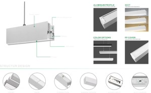 Lampe suspendue linéaire en aluminium pour usage commercial, lumière linéaire LED, 1,2 m, 2 m, forme rectangulaire moderne, lumière LED à encastrer connectable, supermarché - Product Image 2
