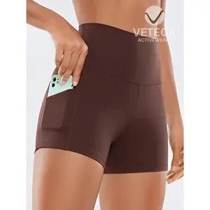 Shorts de Yoga Vetega de Cintura Alta para Mujer, Color Café Integral, Secado Rápido, Transpirables, Absorben la Humedad, Ajuste Holgado con Bolsillo, 92% P - Product Image 4