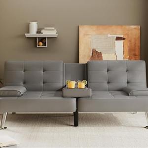 Sofá cama futón plegable moderno salón reclinable convertible para sala de estar con 2 portavasos, reposabrazos extraíbles de cuero PU - Product Image 4