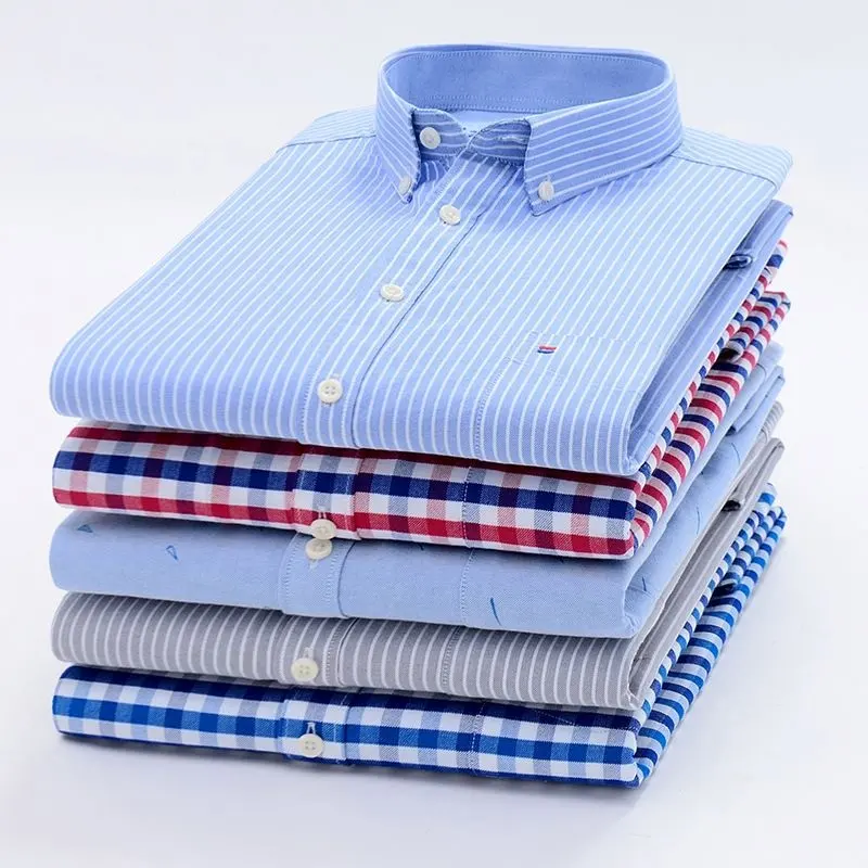 Plaid rayé chemise hauts Oxford décontracté hommes chemises à manches longues grande taille col rabattu coton chemise personnalisée