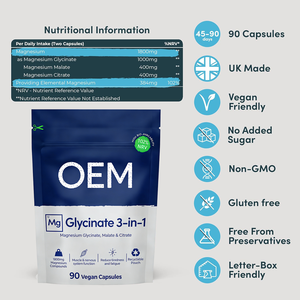 Complejo de Glicinato de Magnesio OEM, Fórmula 3 en 1 con Bisglicinato, Citrato y Malato, Alta Absorción, 90 Cápsulas Veganas - Product Image 3