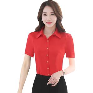 红白衬衫女短袖纯色女正式修身瘦身工作服上衣 - Product Image 2