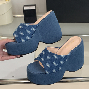 2025 Summer New Fashion Blue Denim Wedge <b>Heel</b> Open <b>Toe</b> Slippers Southeast Asian Style High <b>Heel</b> Thick Bottom Sandals - Product Image 4