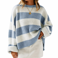 Pull en tricot épais à rayures larges et blocs de couleur pour femme, col rond, manches longues, décontracté, surdimensionné, marque privée, vente en gros