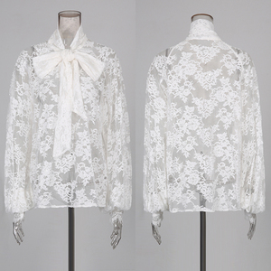 Elegante Completo Due Pezzi in <span class=keywords><strong>Pizzo</strong></span> Floreale <span class=keywords><strong>Bianco</strong></span> per Donna, con Fiocco, Collo Alto, Maniche Lunghe, Vita Alta e Pantaloni a Gamba Larga, Nuovo Stile da Ufficio - Product Image 2