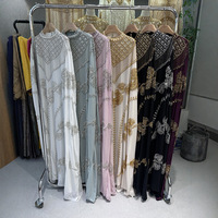 Robe Kaftan Brodé Modeste avec Perles et Paillettes, Col Rond, Manches Chauve-Souris, Coupe Ample, Maxi Abaya Coupe A-Line pour le Ramadan et l'Aïd