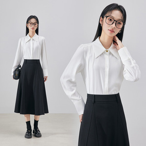 Black Long Sleeve Shirt Women Solid Color Pointed Collar Office Blouse Polyester Fabric Simple Style - Product Image 2
