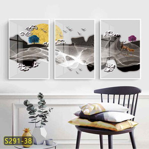 Tríptico Moderno Nórdico Abstracto, Impresión Digital en Lienzo, Arte de Pared con Geometría Dorada y Acuarela Azul, Tamaño Personalizado, Base de Papel - Product Image 2