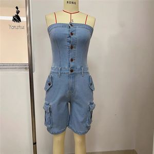 Monos de Verano de Moda para Mujer, sin Mangas, con Bolsillos, de Mezclilla con Parches, Monos Ajustados de Una Pieza, Monos Casuales de Mezclilla Tipo Cargo - Product Image 4
