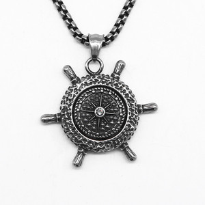 yunnique Stainless Steel <b>Ship</b> <b>Wheel</b> Pendant Necklace With Rhinestone Compass Design For Men And Women - Product Image 1