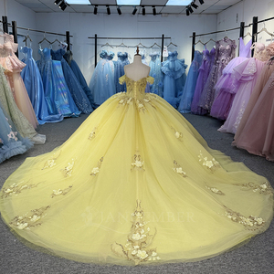 Vestido de Quinceañera/Dulce 16 con Lentejuelas Amarillas, Cuentas y Volantes, Cintura Natural, Estilo Princesa, de Organza, Modelo Dy6919 - Product Image 5
