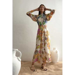 <span class=keywords><strong>FARRAH</strong></span> DÉCOUPÉ ROBE MI-LONGUE col Haut Liens au dos corsage manches Blousantes taille découpes 100% Lin robe florale - Product Image 1