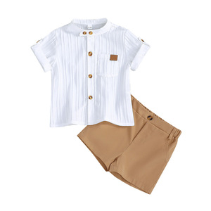 Vêtements pour garçons en bas âge en gros, chemises boutonnées + ensembles de shorts, tenues de plage 2 pièces pour garçons avec poches, vêtements pour enfants - Product Image 3