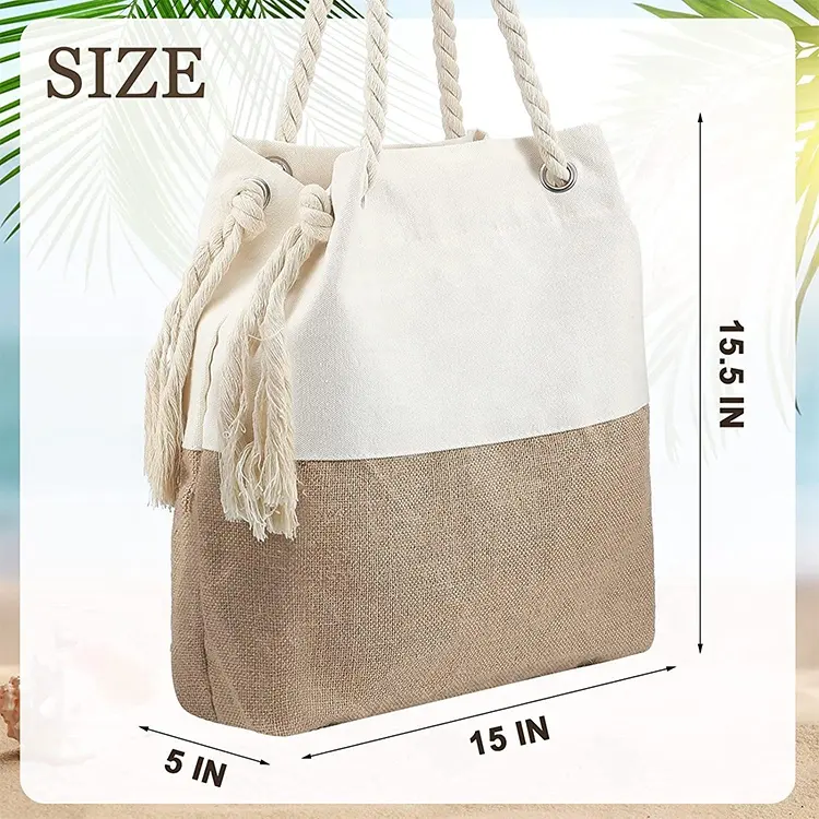Özel Logo yaz bayanlar büyük kapasiteli özelleştirilebilir plaj halat kolu çuval çanta jüt tuval Tote çanta çin'den