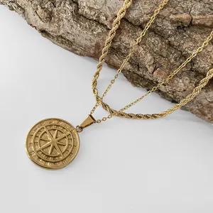 YICAI In Stock Hip Hop 316L Stainless Steel Compass Pendant Plating 18K Gold Silver Compass Necklace Men