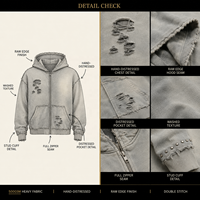 Sweat à capuche zippé surdimensionné pour homme, personnalisé OEM, style vintage, délavé à l'acide, effet usé, streetwear, lourd, bords bruts, déchiré et clouté