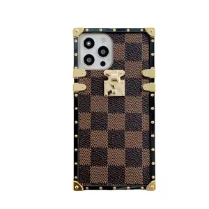 Custom Grip Pattern PU Leather Gold Frame Square Luxury Women Phone Case for iphone 11 12 13 Mini Pro Max Samsung Galaxy Z Fold3